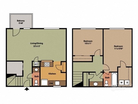 A floor plan of a two bedroom apartment with a living room, dining room, kitchen, and bathrooms.